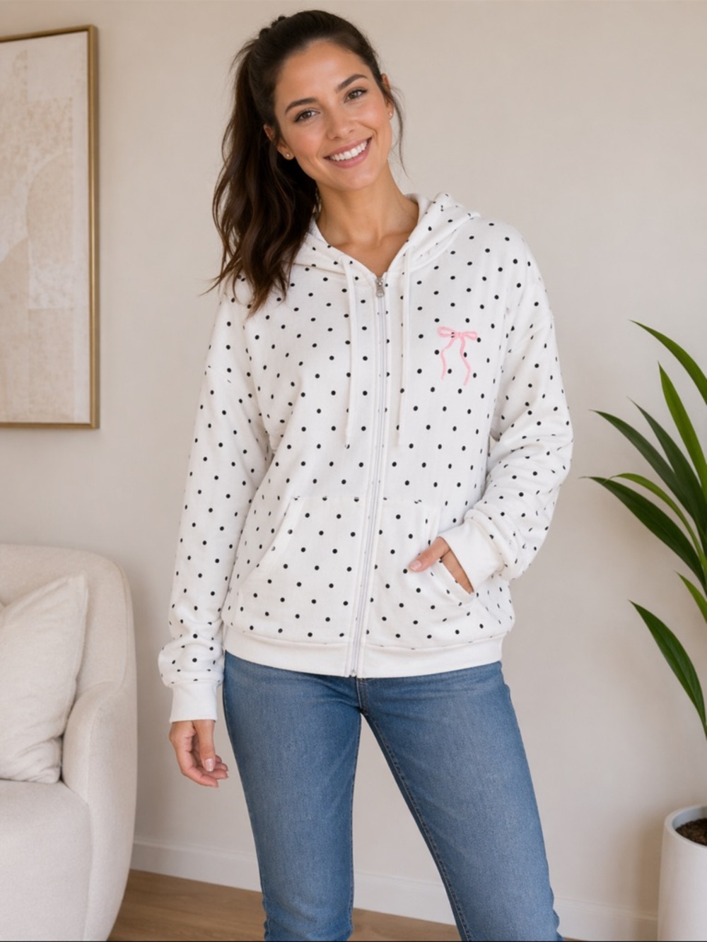 White Polka Dot Zip-Up Hoodie with Pink Bow Embroidery - New York On Back - Picture 1 of 5